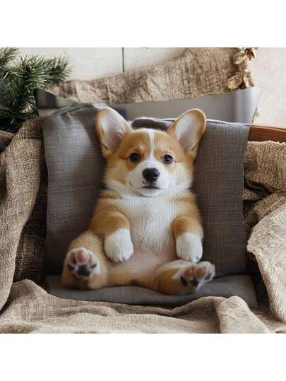 غطاء وسادة رمي على شكل كلب كورغي بطراز صخري، مقاس 18 بوصة * 18 بوصة، غسيل آلي مع إغلاق سوستة، وسادة زخرفية من البوليستر مناسبة لجميع أنواع الغرف، بدون إدراج