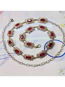 Vintage Mirrored Elastic Belt For Women, Decoration Agate Crystal Waist Chain, Metallic Chains, Zinc Alloy Crystal Metal Waistbelt, Suitable For Weddings, Spring/ Summer/Autumn/Winter Summer