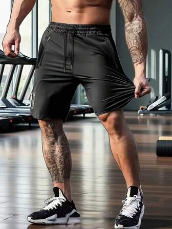 男式字母印花速干轻便拉链口袋跑步短裤