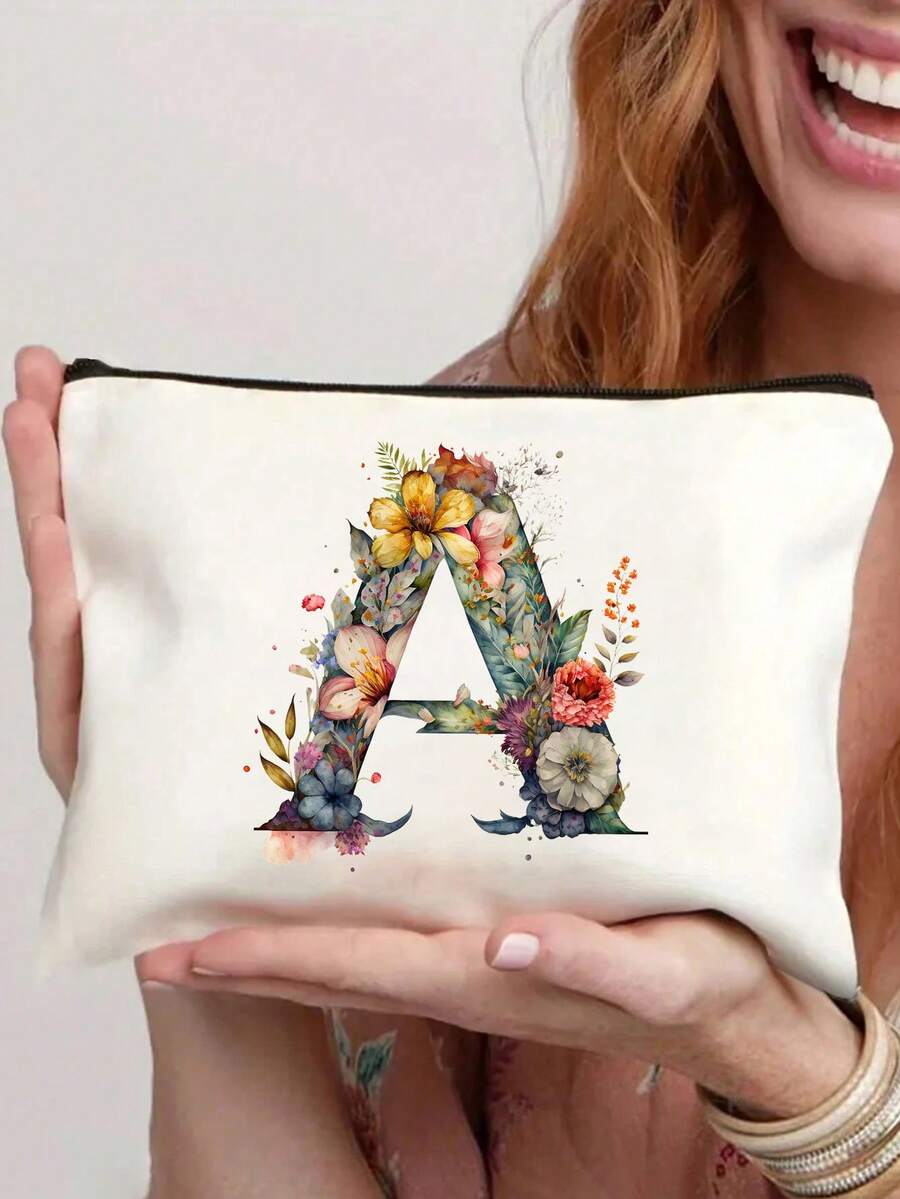 26-Letter Floral Alphabet Canvas Pouch - Lightweight Foldable Cosmetic Bag With Zipper Closure, Machine-Washable White Toiletry & Pen Case For Women, Mothers, Daughters - Perfect Graduation, Wedding, Holiday Gift