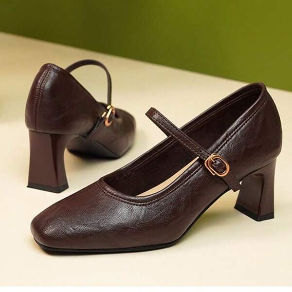 Retro Square Toe Chunky Heel Sandals, Minimalist Strap Elegant Versatile Mary Jane Shoes For Ladies