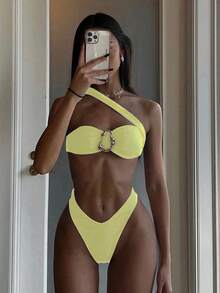 Polovedo 官方性感纯色单肩女式比基尼泳装 - 黃色 - 查看 1