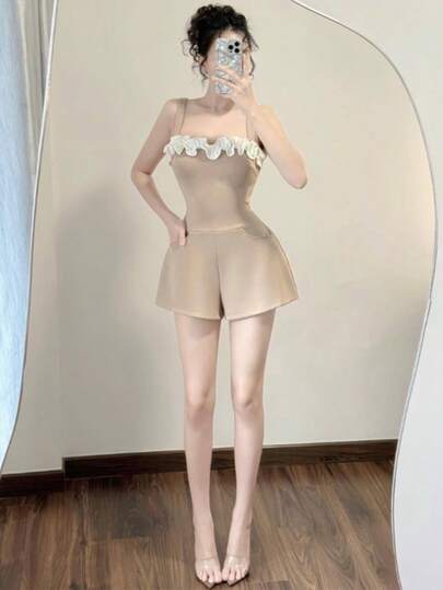 女士休闲日常荷叶边连体裤，夏季，女士生日服装，度假，返校