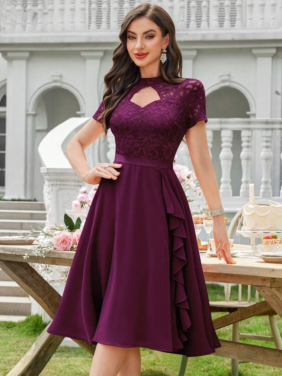 MIUSOL Floral Lace High Neck Side Ruffle Chiffon Cocktail Party Swing Dress