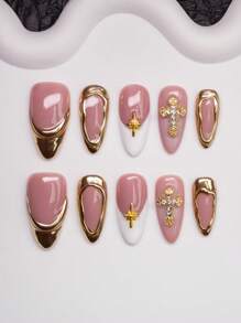 Spring/Summer Handmade Almond-Shaped Nail Tips With Y2K Chic Style, In Nude, White, Gold Colors Featuring Cross, Star, Asymmetrical Metallic Design, Suitable For Women & Girls To Wear At Parties, Weddings, Daily Life. 10pcs/Set With 3 Sizes, Includes Nail Tools, Great Gift For Ladies