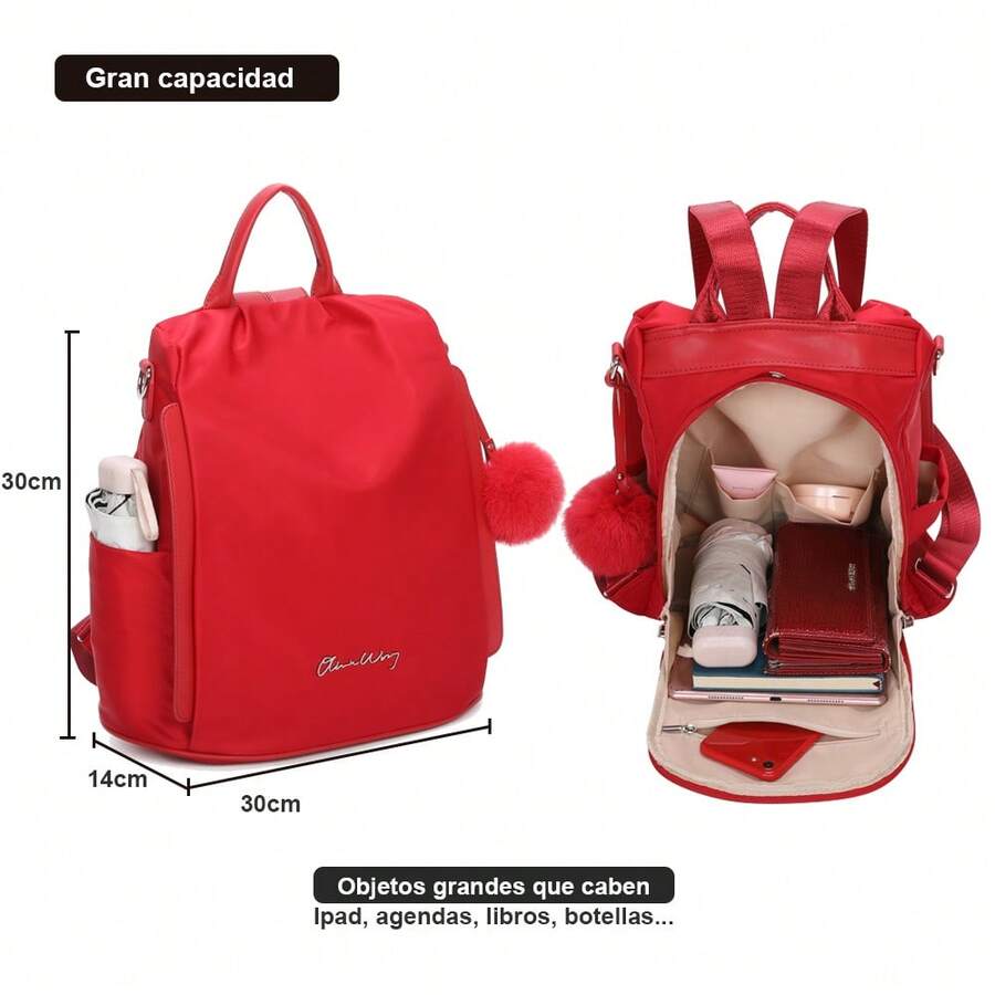 1pc Women's Anti-Theft Waterproof Backpack (13L), Convertible Backpack With Removable Handles And Pom-Pom, School Backpack