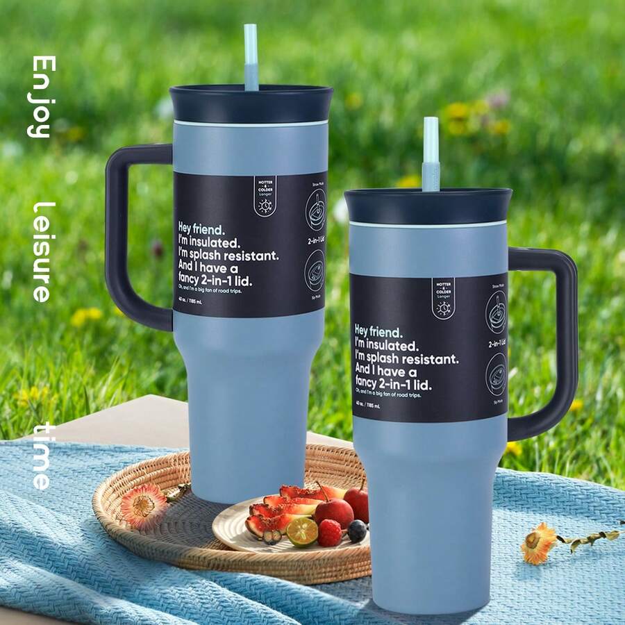 Owa Laa Dark Blue Water Bottle 40 OZ,1185ML, With Straw,Heat Preservation Time More Than 24 Hours, Cold And Hot Water Can Be Insulated, Can Make Coffee, Frozen Drinks, Beautiful Appearance, Exquisite Workmanship, Suitable For Camping, Work, Indoor And Outdoor Use. - Dusty Blue - View 1