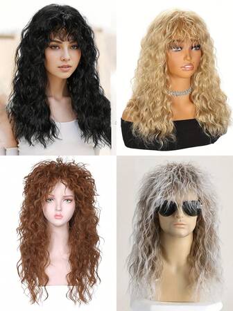 Black Blonde Brown Medium Length Wavy Wig With Bangs 24 Inch Replacement Synthetic Fiber Wig For Women, Anime Cosplay Halloween Costume Party Use Without Glasses