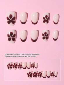 24pcs Y2K Short Oval French Tip Press On Nails, Flowers Design,Fit Perfectly Design Acrylic Fake Nails Set, Contain 1pc Jelly Glue And 1pc Nail File , French Tip Nail For Women And Girls Suitable For Summer Wear Nail Art - Multicolor - View 2