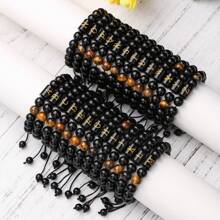 1pc Natural Black Agate 26 Letter Beaded Adjustable Braided Bracelet, Suitable For Various Occasions Like Festivals, Sports, Casual, Business Wear