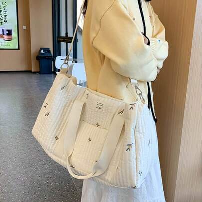 1 件米色大容量刺绣产妇医院包、单肩尿布包