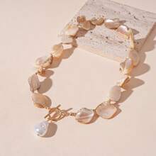 Andkiss 1pc Ocean Vacation Style Faux Shell & Pearl Asymmetrical Geometric Necklace