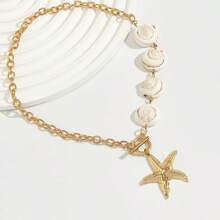 Andkiss 1pc Ocean Vacation Style Faux Shell & Pearl Asymmetrical Geometric Necklace