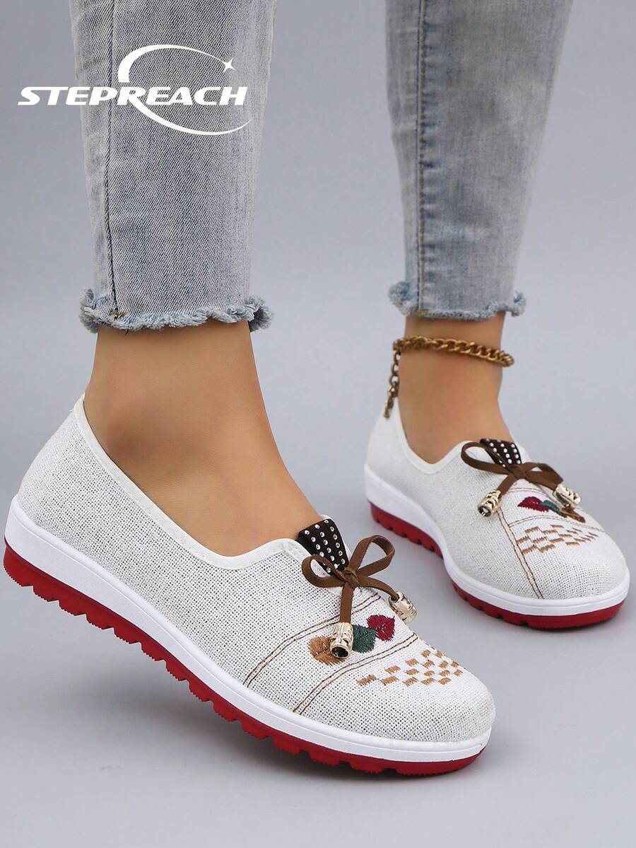 STEPREACH 秋冬女士休闲透气网眼运动鞋，轻便舒适防滑平底工作鞋，夏季新品 - 白色 - 查看 1