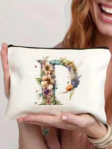 26-Letter Floral Alphabet Canvas Pouch - Lightweight Foldable Cosmetic Bag With Zipper Closure, Machine-Washable White Toiletry & Pen Case For Women, Mothers, Daughters - Perfect Graduation, Wedding, Holiday Gift