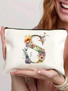 26-Letter Floral Alphabet Canvas Pouch - Lightweight Foldable Cosmetic Bag With Zipper Closure, Machine-Washable White Toiletry & Pen Case For Women, Mothers, Daughters - Perfect Graduation, Wedding, Holiday Gift