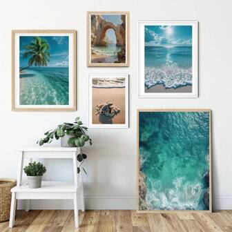 1 件海滩海龟海浪棕榈滩风景艺术海报装饰墙艺术帆布画北欧海报家居客厅装饰可选框架