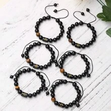 1pc Natural Black Agate 26 Letter Beaded Adjustable Braided Bracelet, Suitable For Various Occasions Like Festivals, Sports, Casual, Business Wear