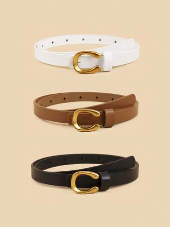 3pcs/Set Metal Letter U-Shaped Buckle Women's Slim Waist Belt, Versatile For Casual, Business, Party, All Seasons Summer, School Fall, Autumn, Halloween