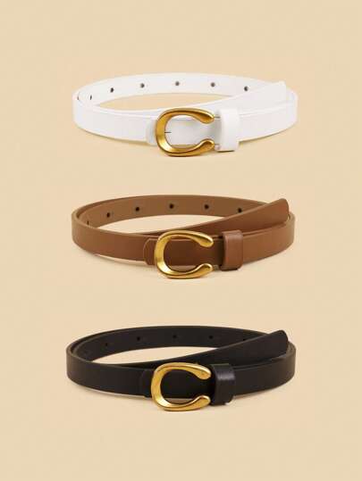 3pcs/Set Metal Letter U-Shaped Buckle Women's Slim Waist Belt, Versatile For Casual, Business, Party, All Seasons Summer, School Fall, Autumn, Halloween