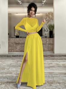 Conjunto Crop Top con Mangas Transparentes y Falda Larga con Abertura en Pierna para Mujer - Amarillo - Ver 3