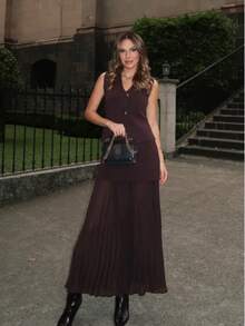 HZXVIC 女士优雅两件套 V 领无袖纽扣针织背心上衣拼接高腰侧拉链长裙 - 酒紅色 - 查看 5