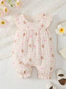 Mono de manga corta con estampado floral y lazo para recién nacida - Mameluco de bebé niña, mono de verano suave y cómodo