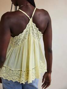 Women Tie Up Lace Trim Cami Tops Semi Sheer Crop Tops Y2k Girls Cute Summer Camisole Shirt Going Out Tops - Yellow - View 2