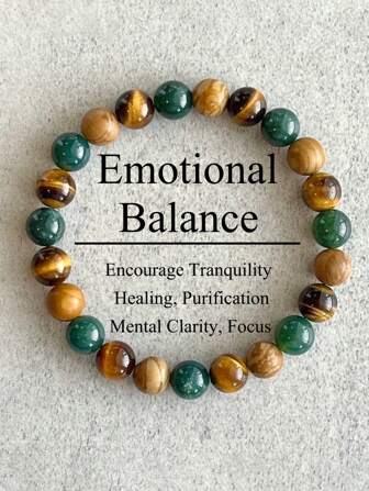 YAUKIA 1pc Moss Agate, Yellow Tiger Eye & Wood Jasper Beaded Bracelet, Grounding, Healing, Purification Gemstone Bracelet, Tranquility And Emotional Balance Gift