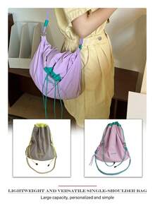 Nueva bolsa cruzada de moda versátil con cierre de cordón, bolsa de hombro de nailon simple personalizada, bolso ligero de color contrastante, bolso de hombro de dopamina - Multicolor - Ver 2