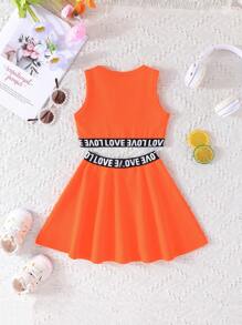 2pcs/Set Young Girl Energetic "Love" Sleeveless Tank Top & A-Line Skirt Set, Summer