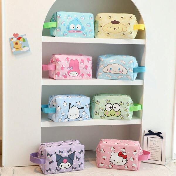 Sanrio Cartoon Cute Sanrio Kuromi Cinnamoroll Makeup Bag, Travel Waterproof Three-Dimensional Makeup Bag, Large-Capacity Hand-Held Toiletries Bag, Women Desktop Storage Bag