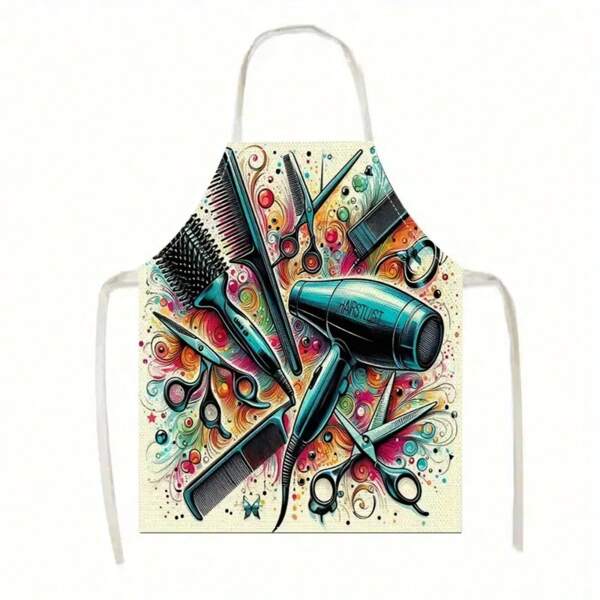 1pc Colorful Hair Tool Printed Linen Apron - Large, Sleeveless, Durable Kitchen And Cooking Apron With Halter Strap, Vibrant Salon Themed Design, Suitable For Home Or Professional Use