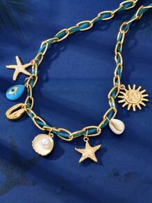 1 Pc Beach Accessories Women Braided Chain Eye Starfish Sun Charm Collar Necklace Summer Beach Holiday Jewelry