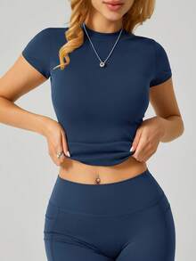 NcmRyu 1 件女式简约时尚修身运动短袖 T 恤 - 藍色 - 查看 5