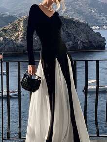 女士薄款优雅浪漫简约百搭撞色深 V 领修身拼接大喇叭下摆长袖连衣裙 - 黑與白 - 查看 3