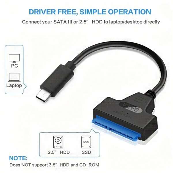 Cable adaptador SATA a USB C 3.0 para transferencia de datos de HDD/SSD de 2.5", convertidor de unidad de disco duro externa que admite UASP (Negro)