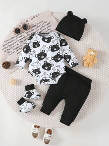 4pcs Newborn Baby Boy Outfit Set: Cute Bear Printed Long Sleeve Bodysuit + Pants + Socks + Hat - Black - View 1