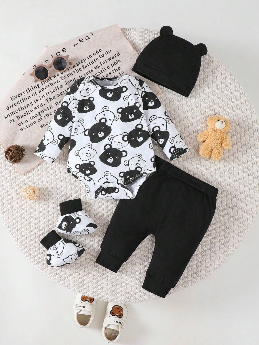 4pcs Newborn Baby Boy Outfit Set: Cute Bear Printed Long Sleeve Bodysuit + Pants + Socks + Hat - Black - View 1