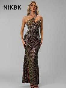 Fall Clothes Plus Size Or Women Autumn Women's One Shoulder Pearl Sequin Rhinestone Fishtail Hem Slim Fit Dress. For Wedding (Bridesmaid, Guest Wear), Party, Formal Dinner, Easter, Rave, Prom, Festival, Graduation