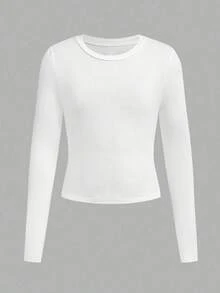 Ribbed cotton women's long-sleeved top, college style spring and summer new sports women's clothing, drape fashion soft breathable women's grey long-sleeved tops - 白色 - 查看 4