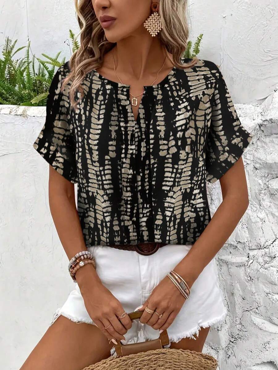 Plus Size Women V-Neck Short Sleeve Allover Print Blouse - Black - View 1