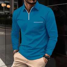 Men's Long-Sleeved Polo Shirt In A Solid Color, Casual And Comfortable, With A Chest Pocket And Zip Fastening, Suitable For Outdoor Wear In Spring And Autumn, Golf, Daily And Casual Wear. - Blue - View 1