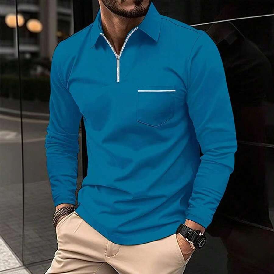 Men's Long-Sleeved Polo Shirt In A Solid Color, Casual And Comfortable, With A Chest Pocket And Zip Fastening, Suitable For Outdoor Wear In Spring And Autumn, Golf, Daily And Casual Wear. - Blue - View 1