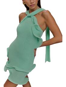 Women Y2k Knitted Mini Dress With Scarf Sleeveless Crochet Lotus Leaf Edge Bodycon Short Dresses Halter Dresses Backless Club Party Night Short Dresses Summer Beach Vacation Sundress - 綠色 - 查看 4