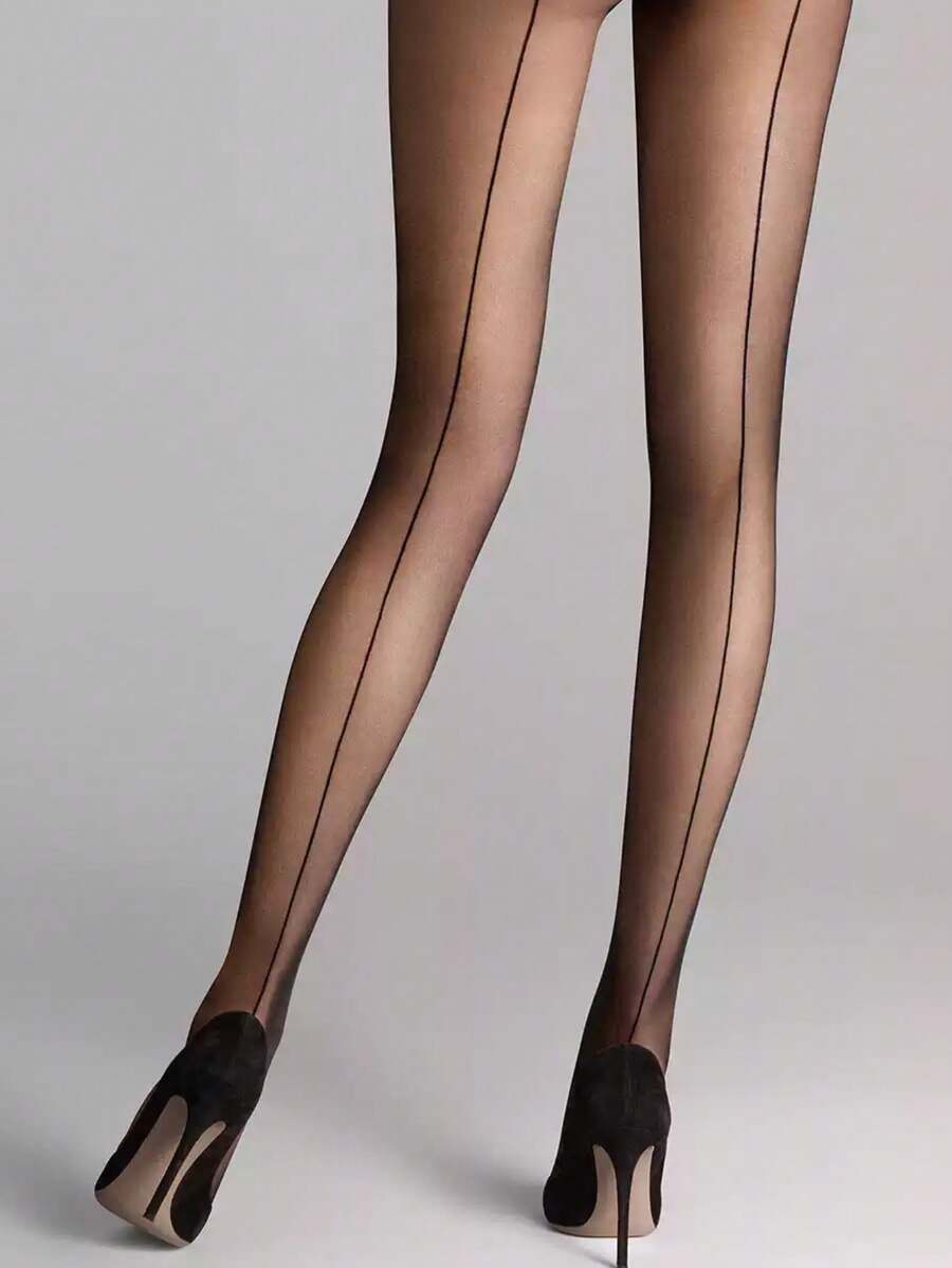 1pc Women's Black Vertical Striped Skinny Fit Ultra-Thin Pantyhose, Cozy - Black - View 1