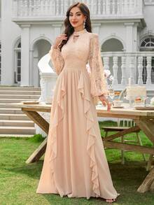 MIUSOL Robe longue de soirée formelle ajustée avec encolure ajourée en dentelle, manches lanternes et ourlet à volants, élégante robe de soirée pour femmes, convient pour les fêtes formelles, les cérémonies de remise de diplômes - Champagne - Voir 6