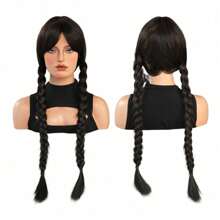 1 Pc Anime Black Wednesday Wig, Long Straight Black Woven Wig, Addams Synthetic Fiber Wig, Suitable For Girls, Suitable For Christmas, Halloween Costume Role-Playing