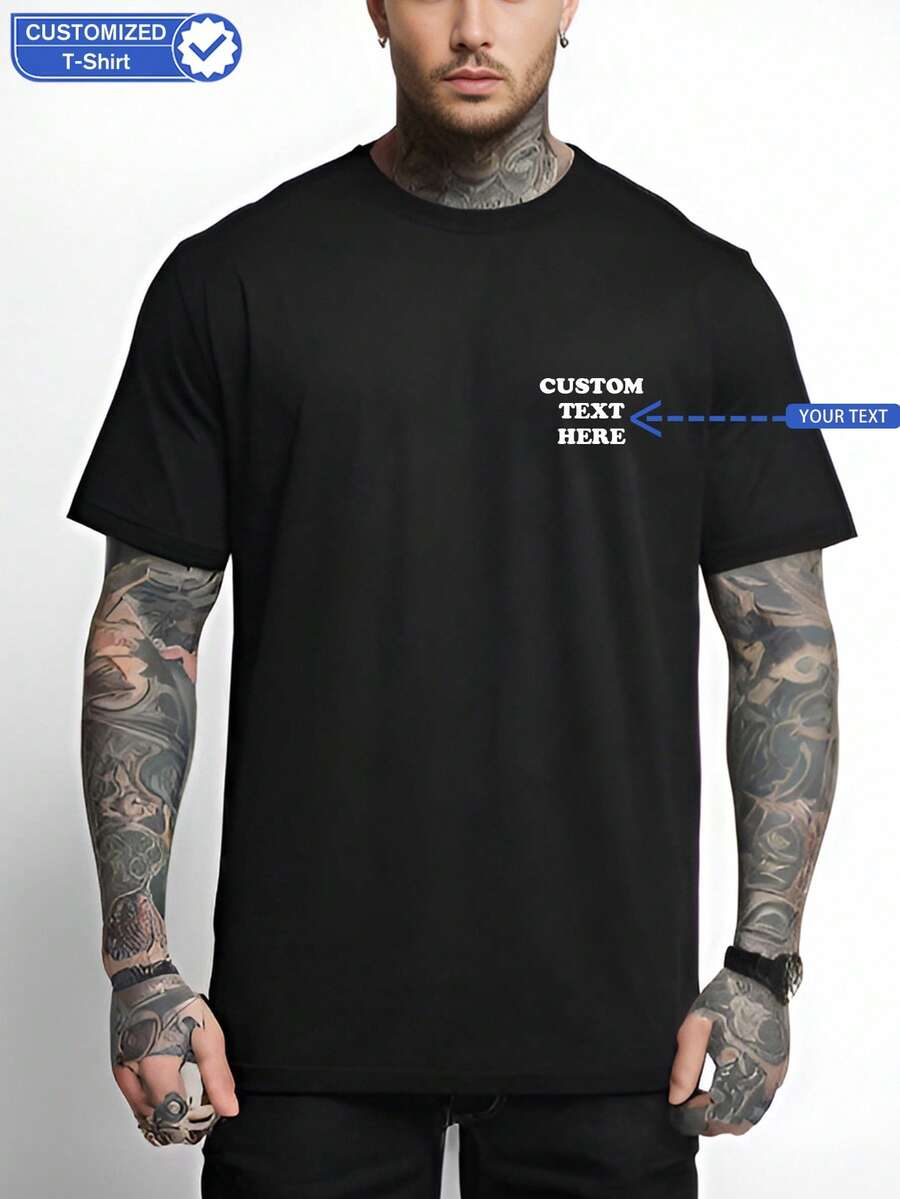 个性化定制文字男士 T 恤，输入您的文字/祝福/信息，黑色 T 恤，节日礼物，情人节/生日/周年纪念定制文字，团队建设制服，音乐节，送给他的礼物，派对服装，春夏男士黑色圆领短袖 T 恤，送给他的礼物，情人节礼物 - 黑色 - 查看 1