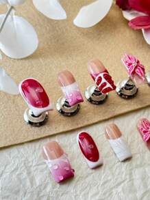 10 Peças de Unhas Feitas à Mão, Design de Efeito Tie Dye 3D, Linhas Desenhadas à Mão, Contas, Flores Entalhadas, Tipo Caixão são Clássicos Feitos à Mão por Mulheres e Meninas, com 1 Peça de Gel e 1 Peça de Lixa Anexadas.